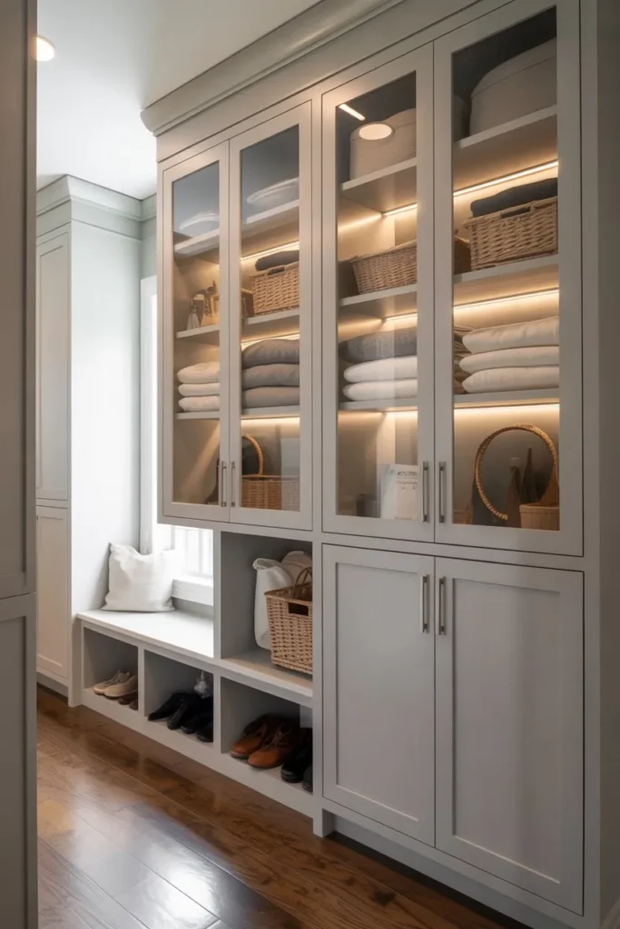 Mudroom Closet with Glass Door Cabinets
