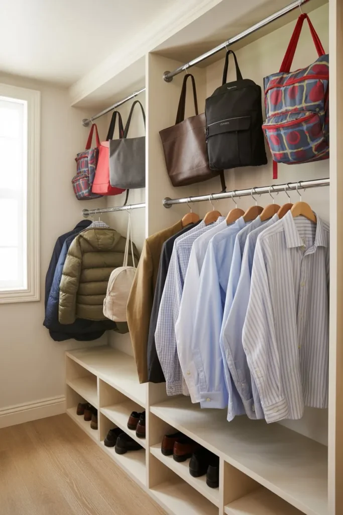 Mudroom Closet with Hooks and Hanging Rods