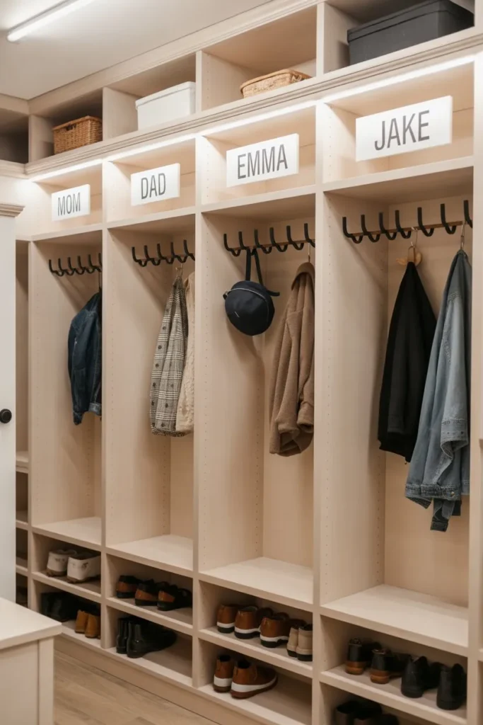 Mudroom Closet with Labeled Storage Sections