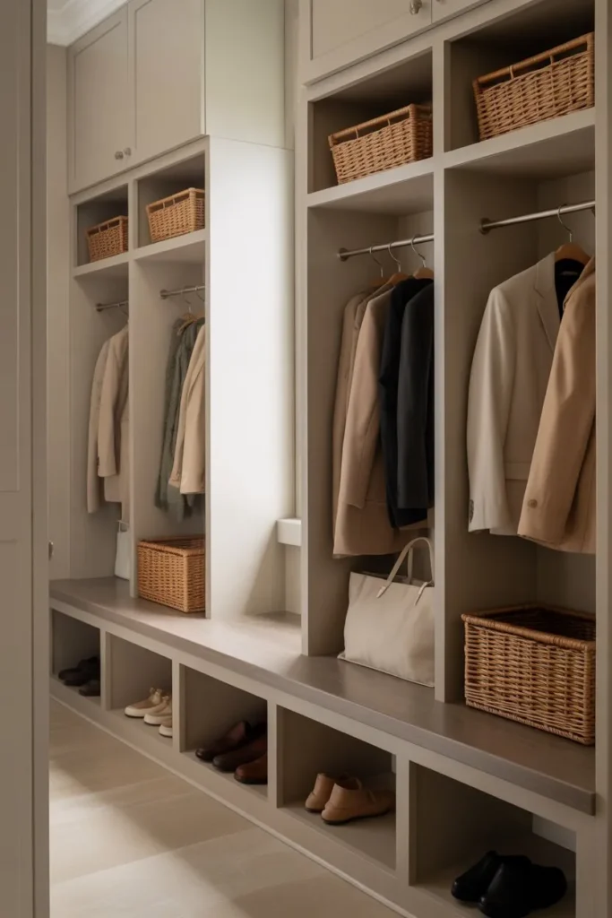 Mudroom Closet with Neutral Color Palette