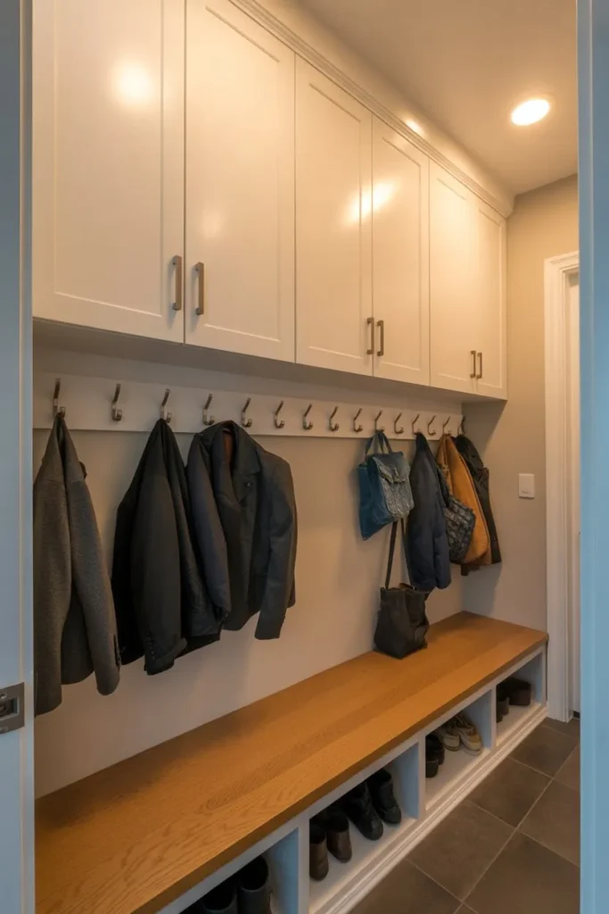 Mudroom Closet with Overhead Storage Cabinets