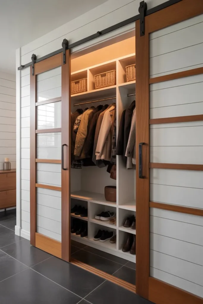 Mudroom Closet with Sliding Door Storage