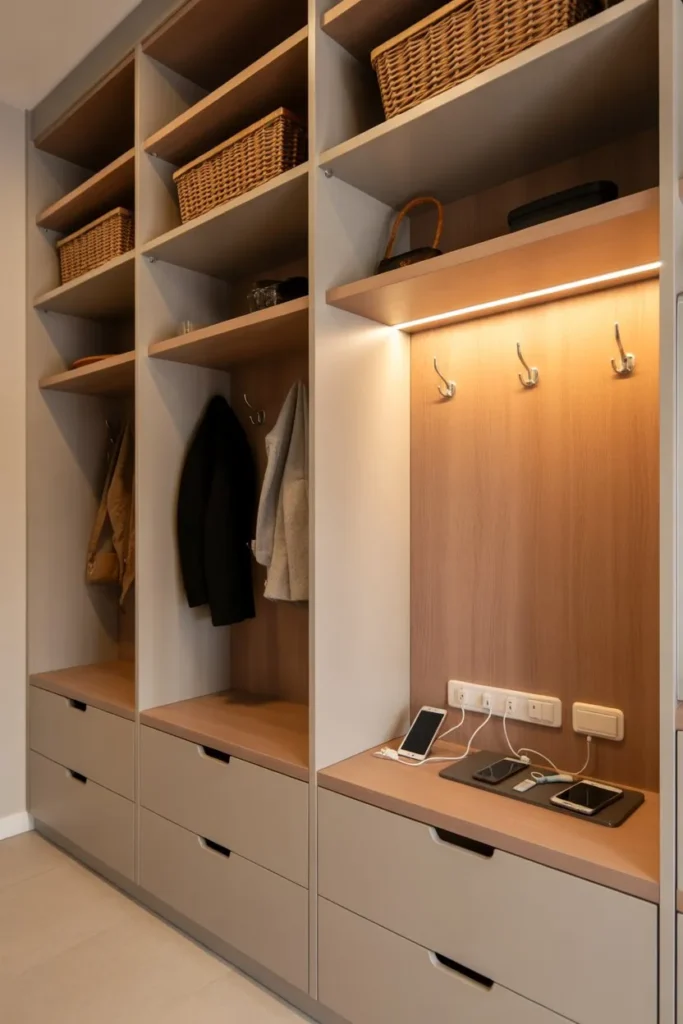 Mudroom Cubbies with Built-In Charging Station