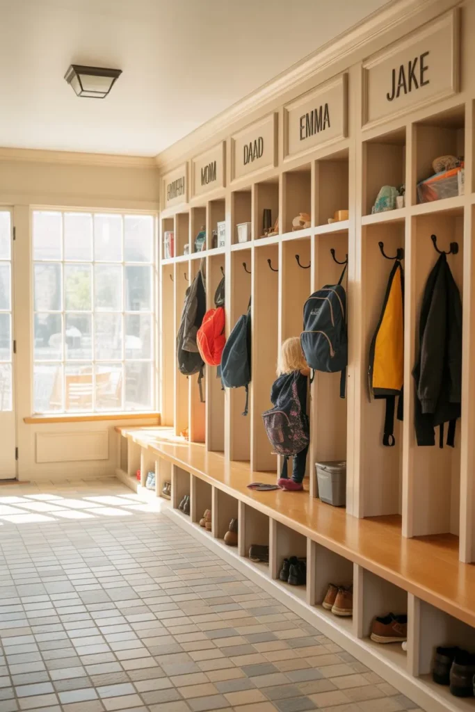 Mudroom Cubbies with Individual Family Sections