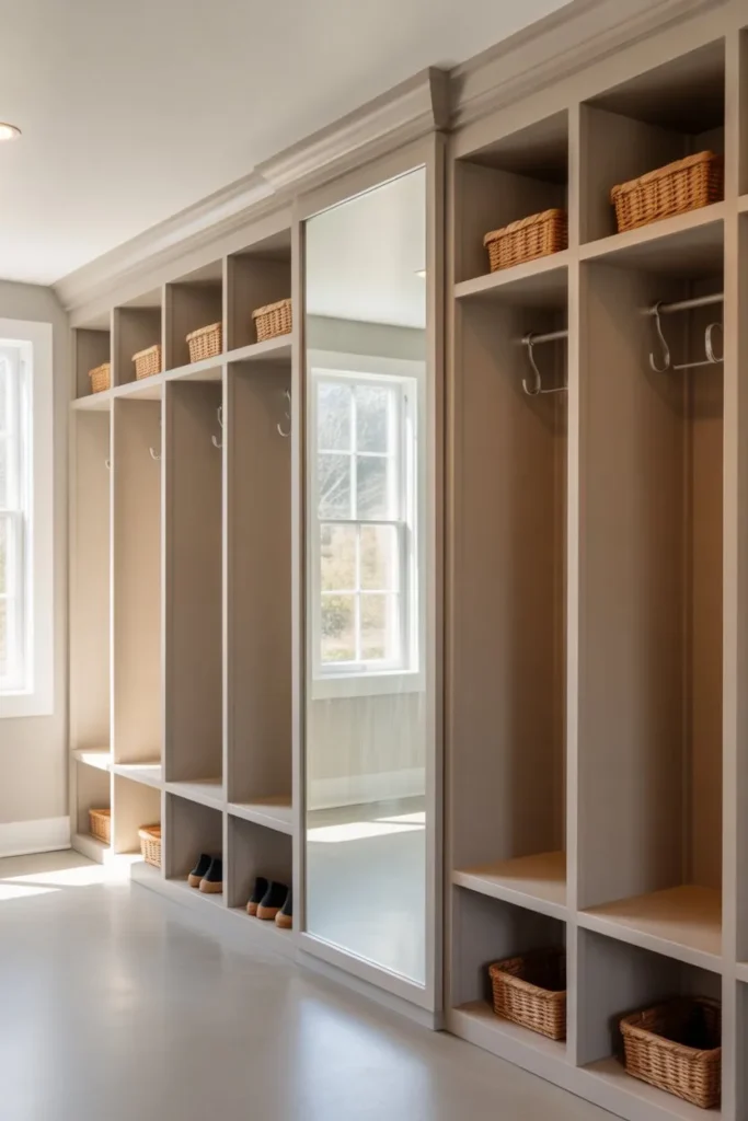 Mudroom Cubbies with Integrated Mirror Section