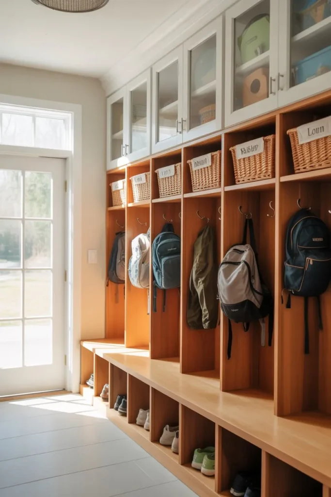 Mudroom Cubbies with Overhead Seasonal Storage