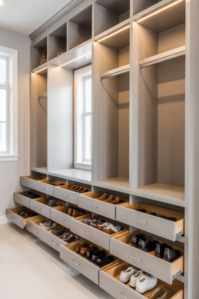 Mudroom Cubbies with Shoe Drawer System