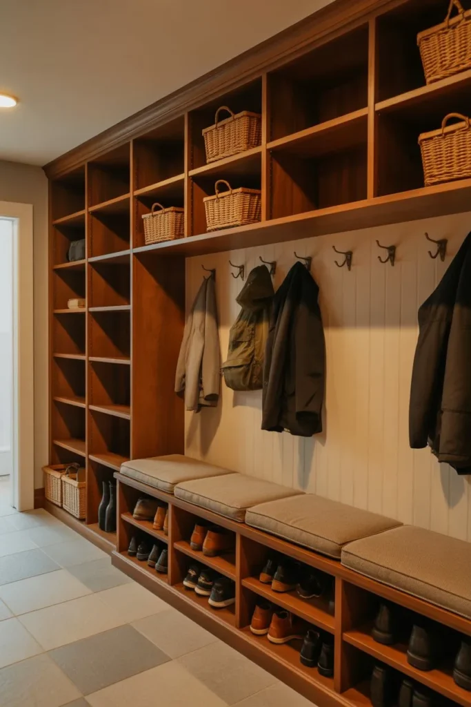 Mudroom Shelves with Bench Integration