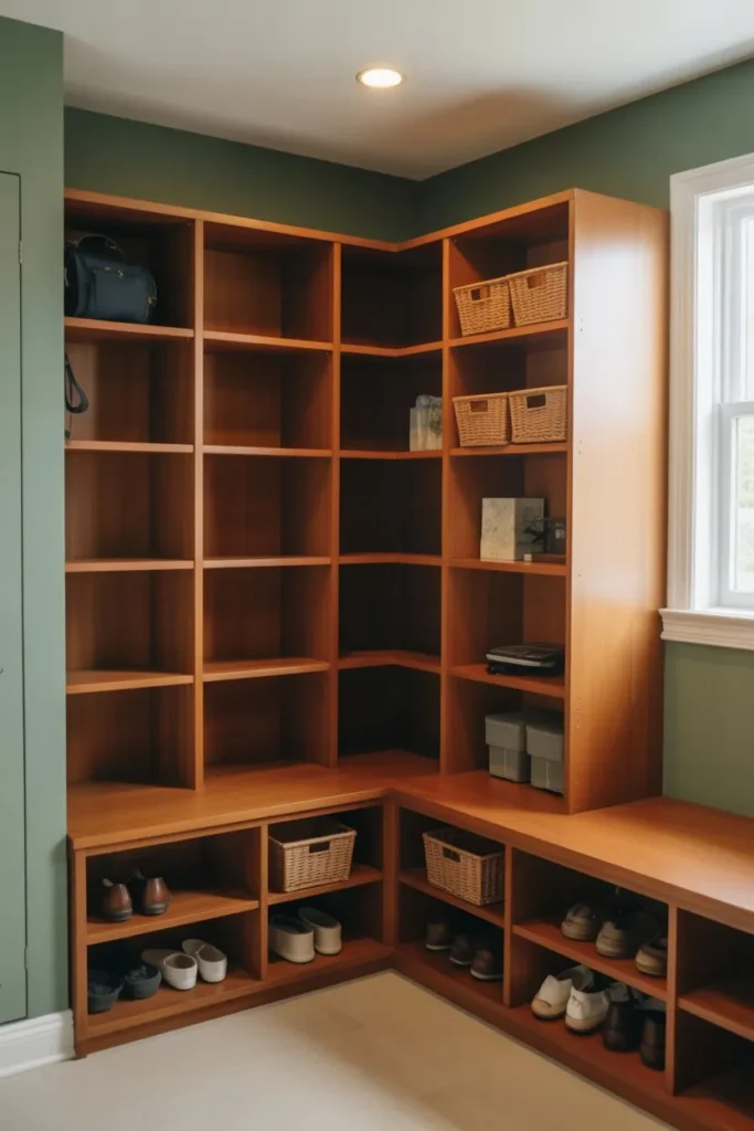 Mudroom Shelves with Corner Utilization