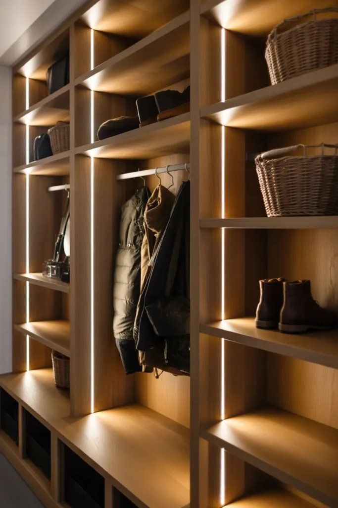 Mudroom Shelves with Integrated Lighting