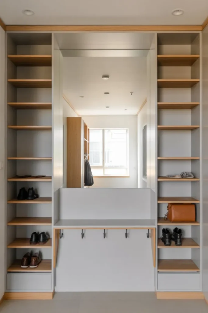 Mudroom Shelves with Mirror Integration
