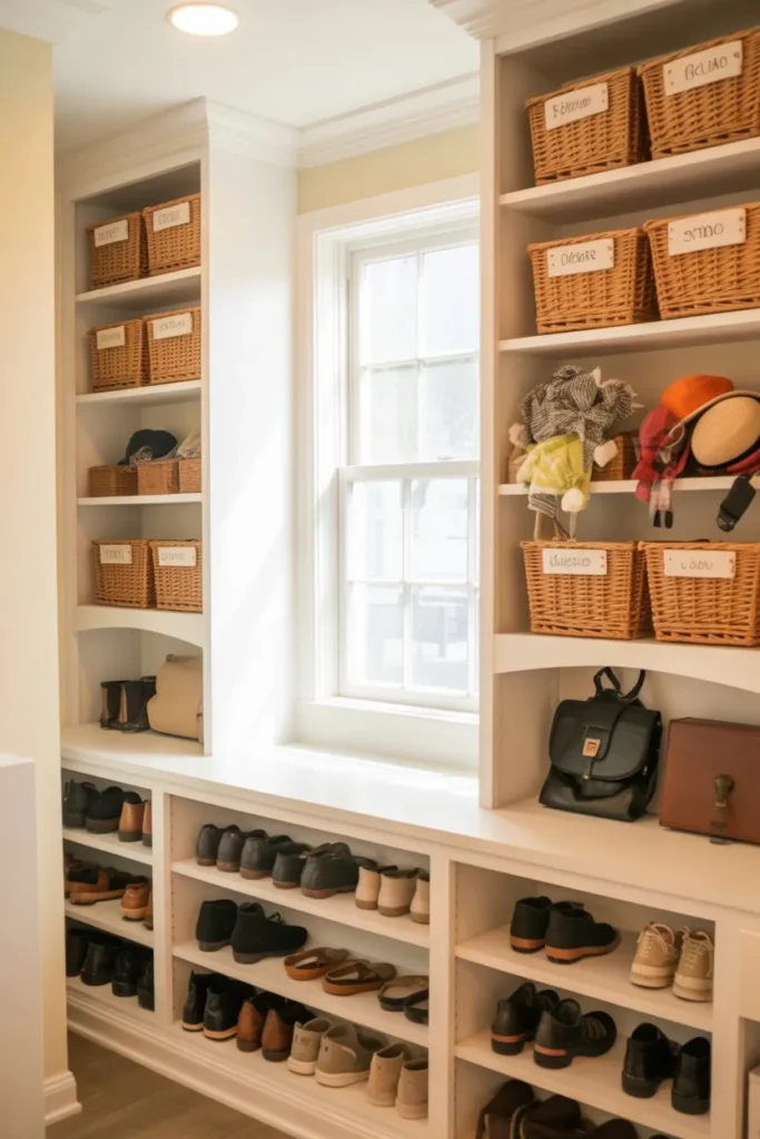 Mudroom Shelves with Overhead Seasonal Storage