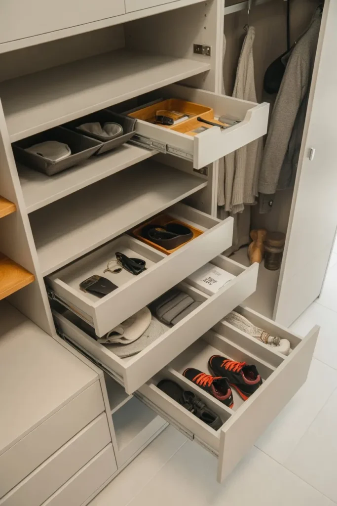 Mudroom Shelves with Pull-Out Storage Integration