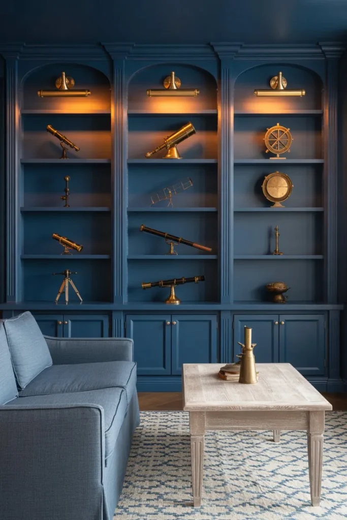Navy Cabinetry and Brass Dock Lights