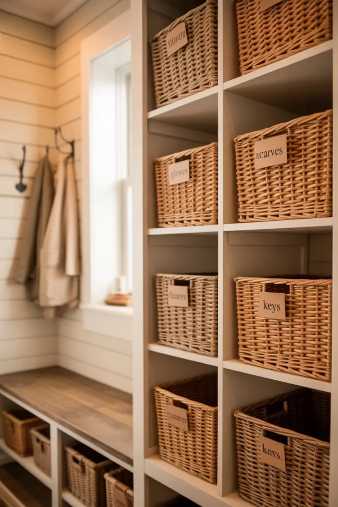 Open Cubbies with Woven Basket Storage