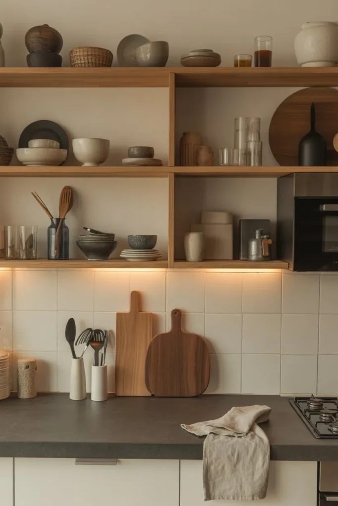 Open Shelves with Mixed Materials Styling