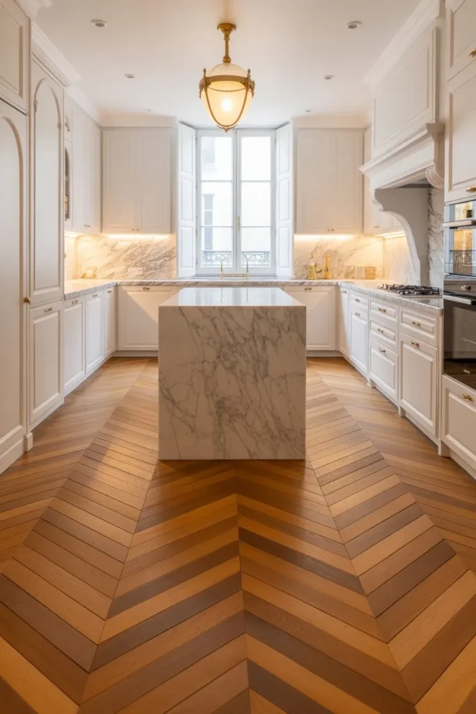 Parisian Kitchen with Herringbone Flooring