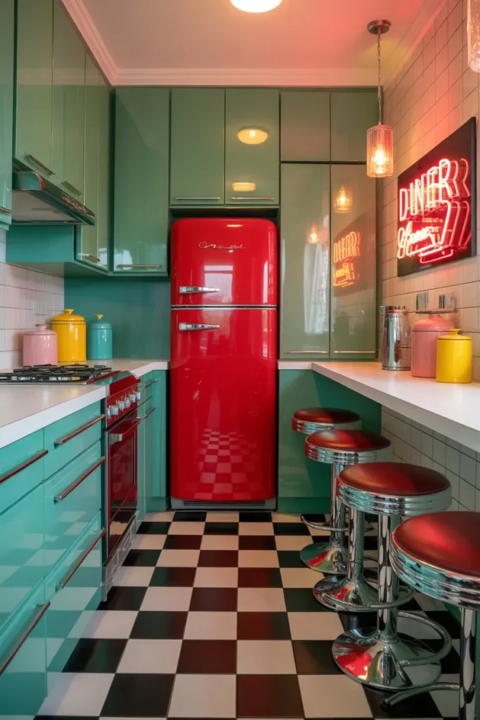 21 Narrow Kitchen Ideas to Maximize Every Inch Smartly Retro Pop Art Mint and Red Nook