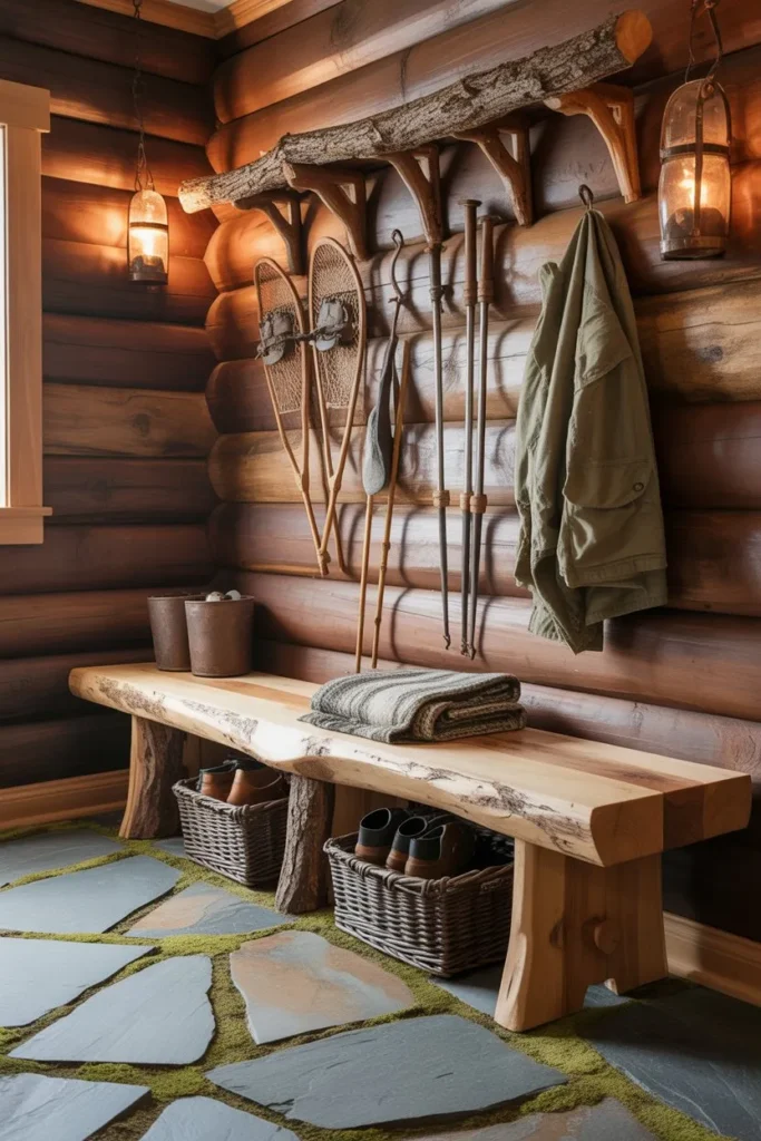 Rustic Log Cabin Stone Bench