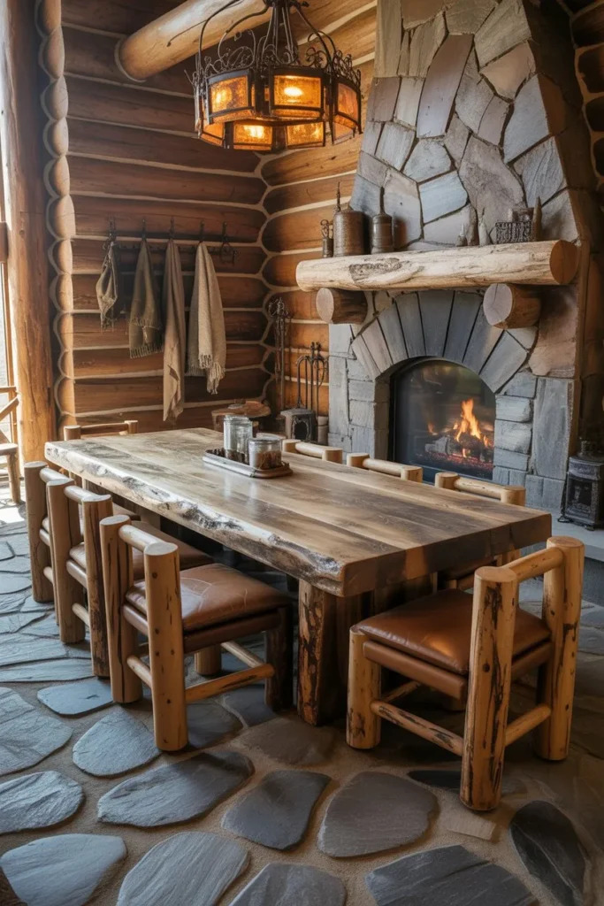 Rustic Log Cabin Stone Hearth