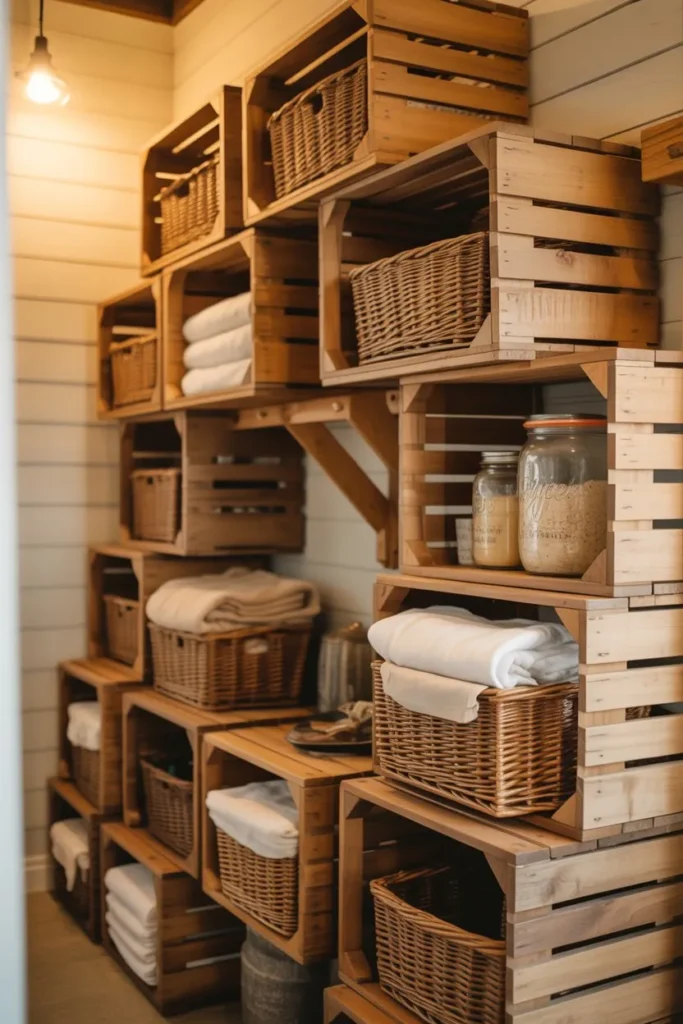 Rustic Wooden Crate Shelving