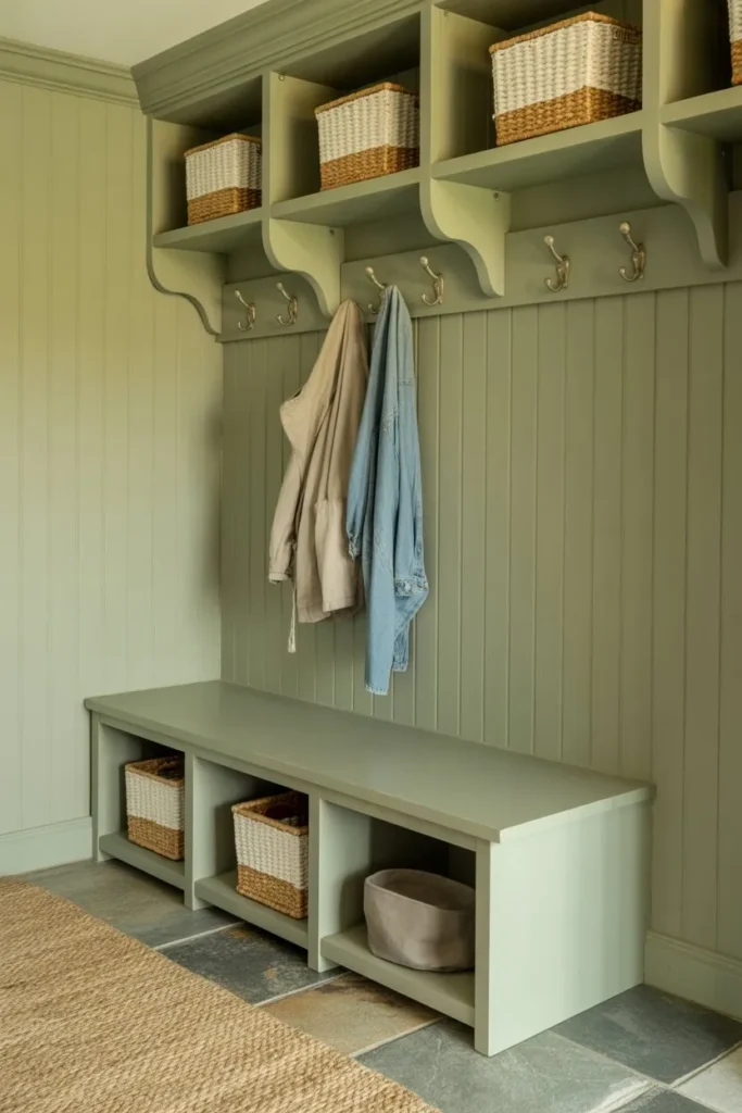 Sage Green Mudroom with Flip-Top Storage