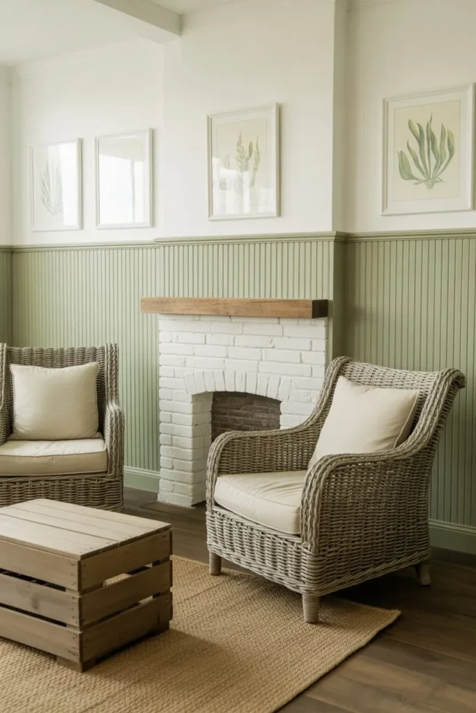 Sage Green Wainscoting and Wicker