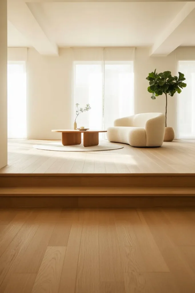 27 Split Level Living Room Ideas for a Modern Flow Scandi-Minimalist Light Wood Tier