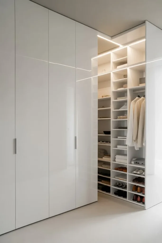 17 Small Mudroom Ideas for a Clean Entryway Look Sleek All-White Minimalist Closet