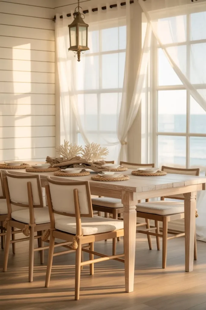 Soft White Coastal Dining Room with Natural Light