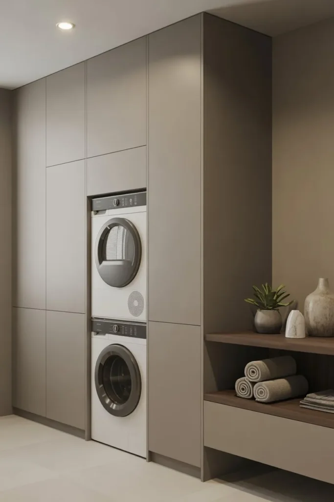 15 Laundry Room Ideas for Small Spaces That Work Smart Stackable Laundry with Cabinets