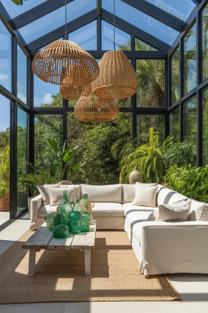 Sun-Drenched Sunroom with Woven Pendants