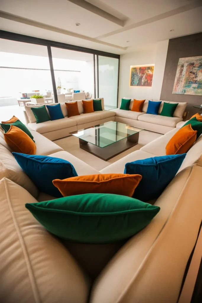Sunken Living Room with Bold Accent Colors