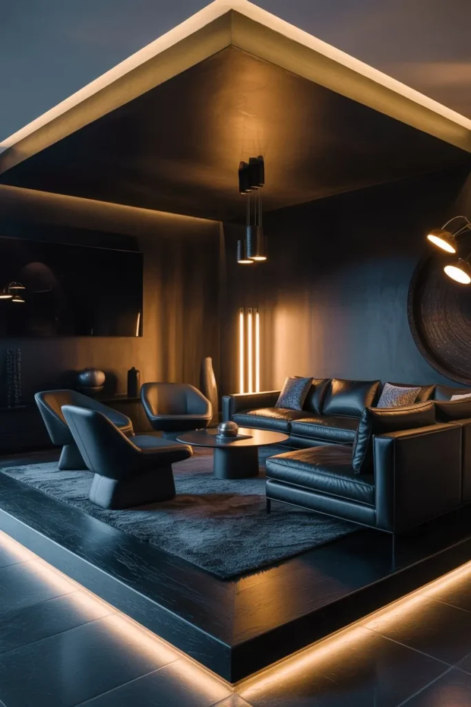 Sunken Living Room with Dark Theme Design