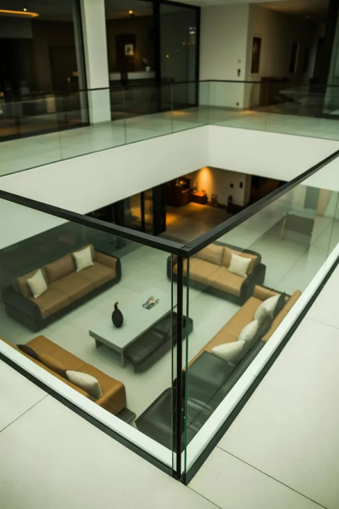 Sunken Living Room with Glass Railing Design
