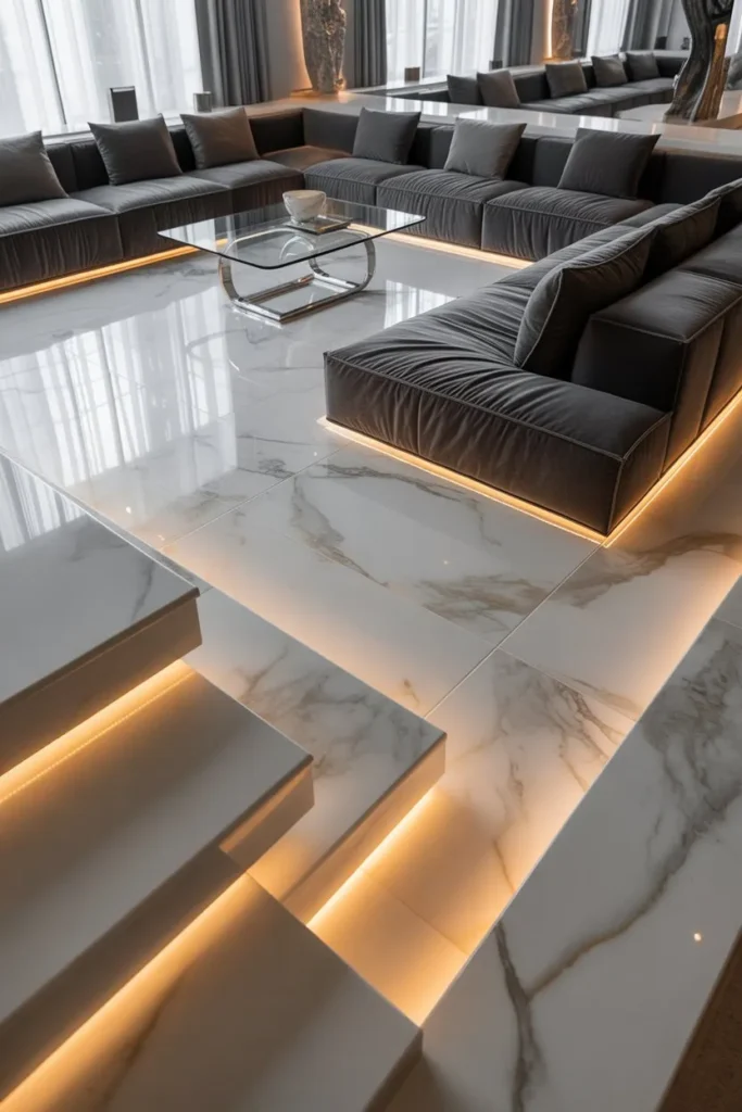 Sunken Living Room with Marble Flooring
