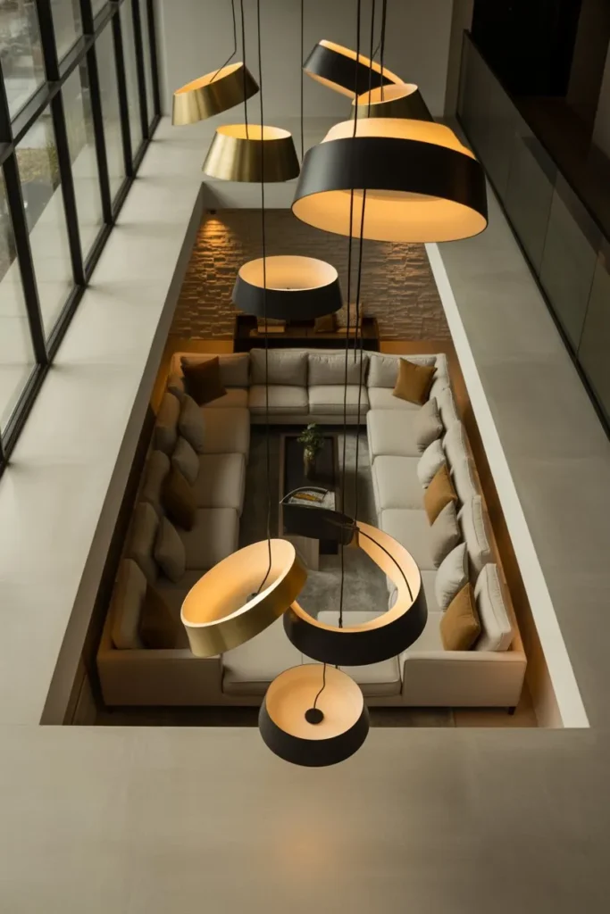 Sunken Living Room with Statement Lighting
