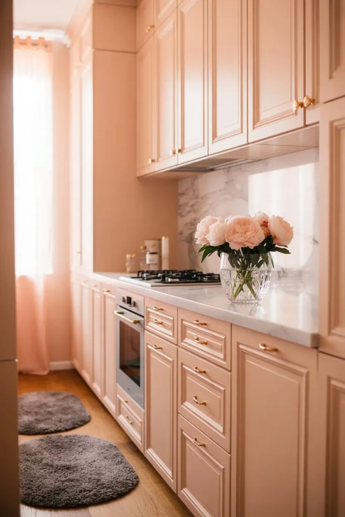 21 Narrow Kitchen Ideas to Maximize Every Inch Smartly Sweet Peach and Gold Boutique Galley