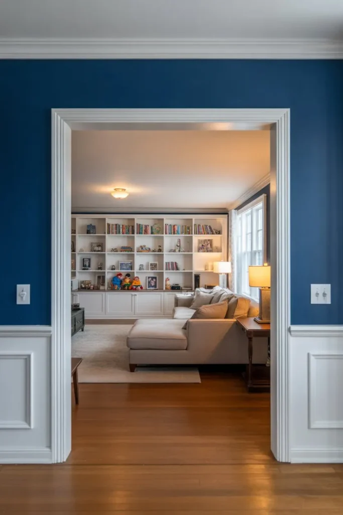 27 Split Level Living Room Ideas for a Modern Flow Transitional-Blue-and-White-Family-Hub.webp