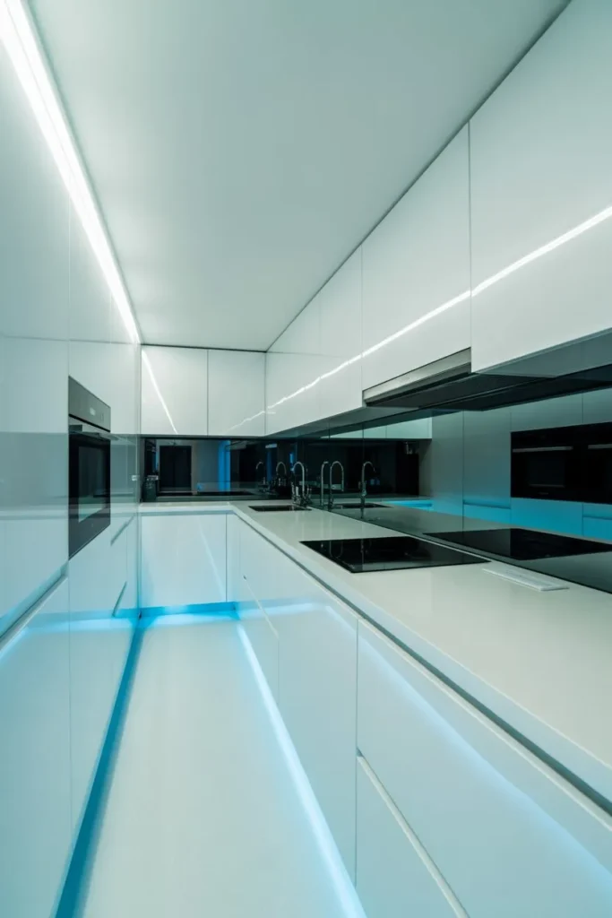 21 Narrow Kitchen Ideas to Maximize Every Inch Smartly Ultra-Modern All-White Mirror Room