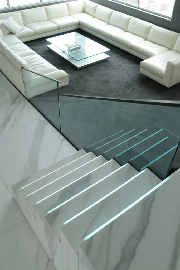 27 Split Level Living Room Ideas for a Modern Flow Ultra-Modern Glass and Marble Suite