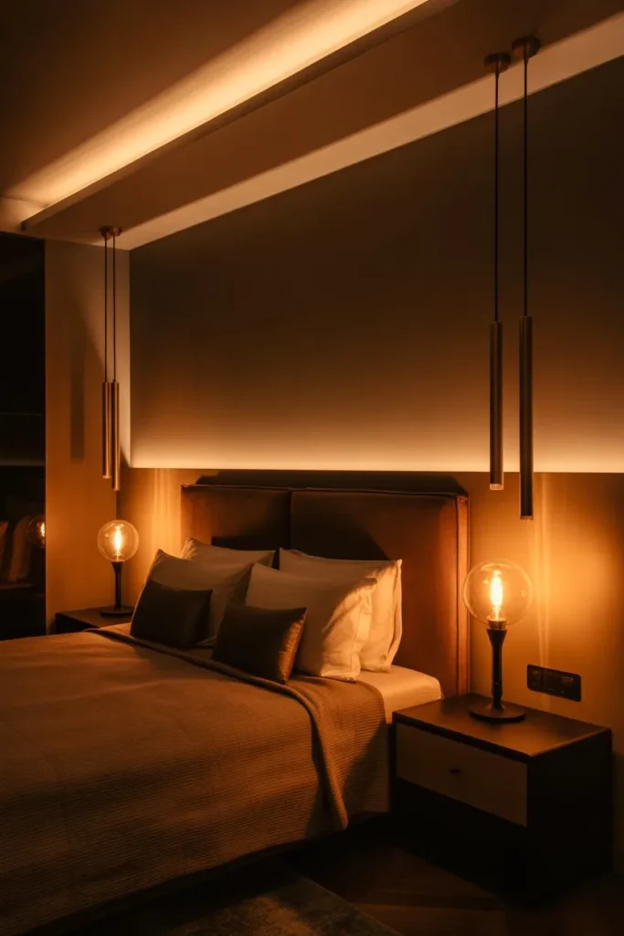Urban Bronze Bedroom with Layered Lighting Atmosphere