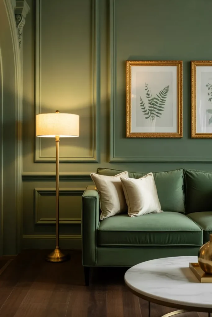 27 Sage Green Living Room Ideas for a Calm Aesthetic Velvet Elegance with Gold Accents