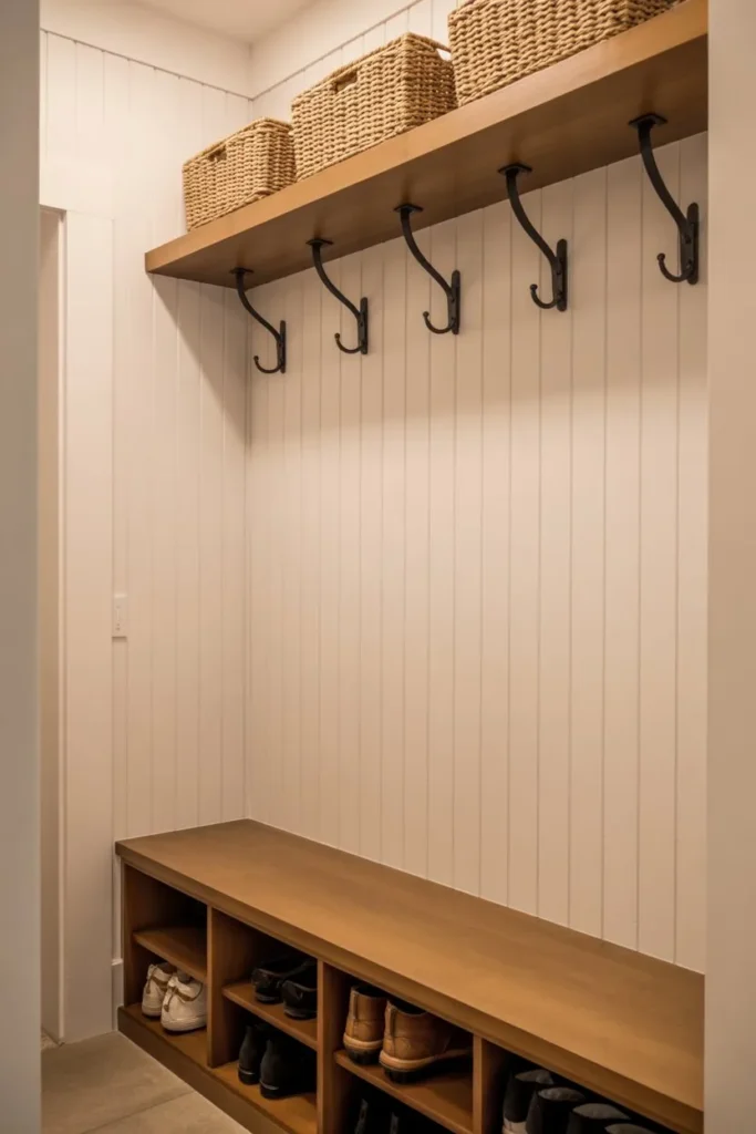 19 Mudroom Ideas for Small Spaces That Stay Organized Vertical Shiplap Hallway Nook