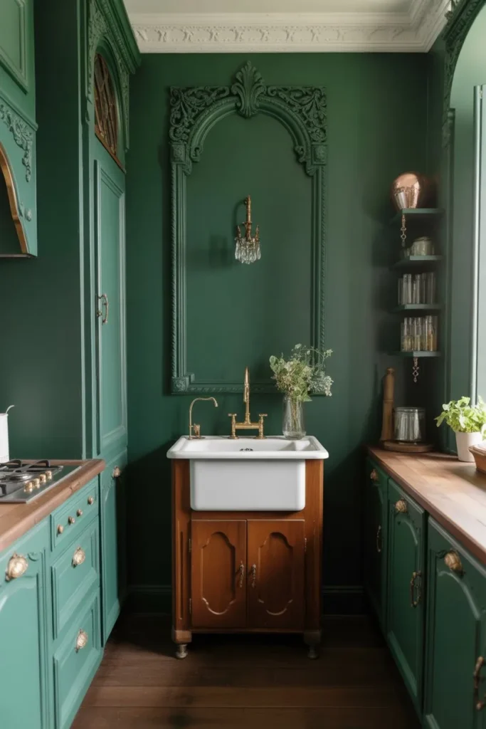 21 Narrow Kitchen Ideas to Maximize Every Inch Smartly Victorian Emerald and Brass Elegance
