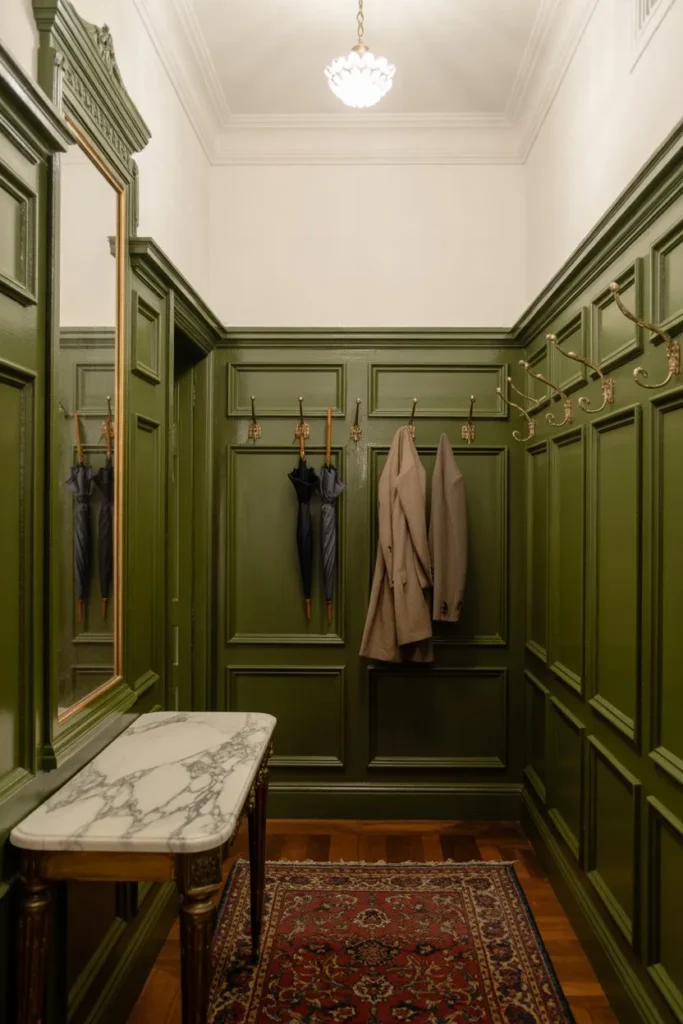 19 Mudroom Ideas for Small Spaces That Stay Organized Victorian Forest Green and Marble Hall