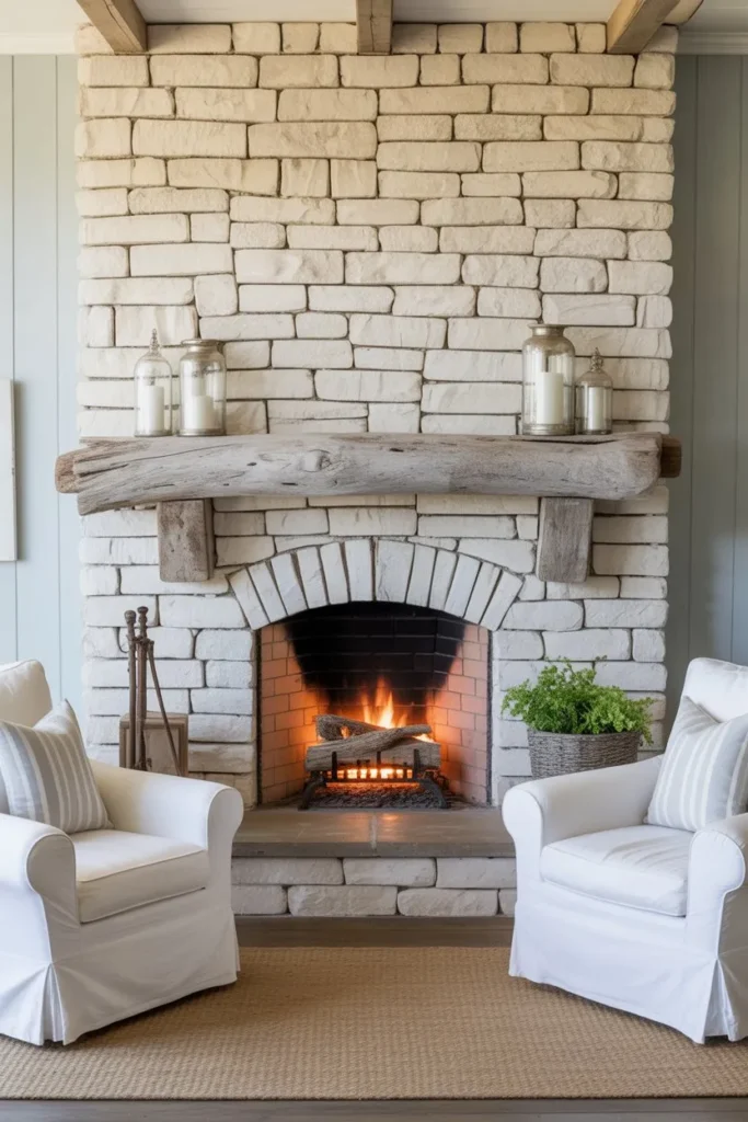 Weathered Driftwood Mantle and Stone Hearth