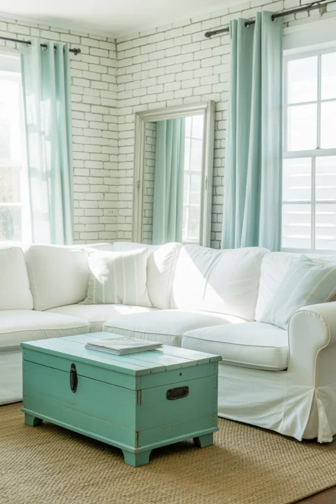 Whitewashed Brick and Aqua Accents