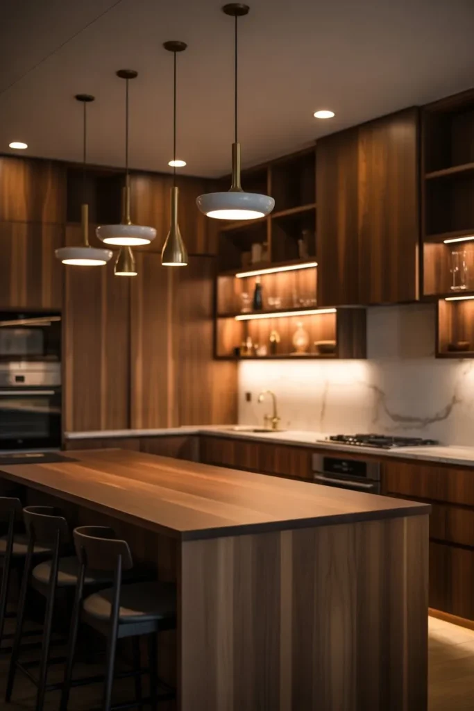 Wood Kitchen with Layered Lighting Design