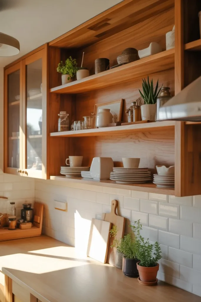 Wood Kitchen with Open Shelving Display